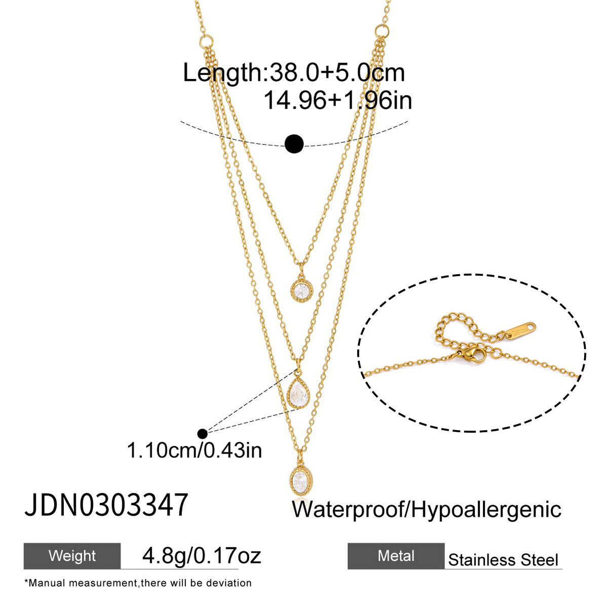 18K Gold Plated Multi-Layer Pendant O-Chain Necklace • Waterproof Stainless Steel Curved Pavé White Zircon Charm Cassia Cascading Pendant Necklace