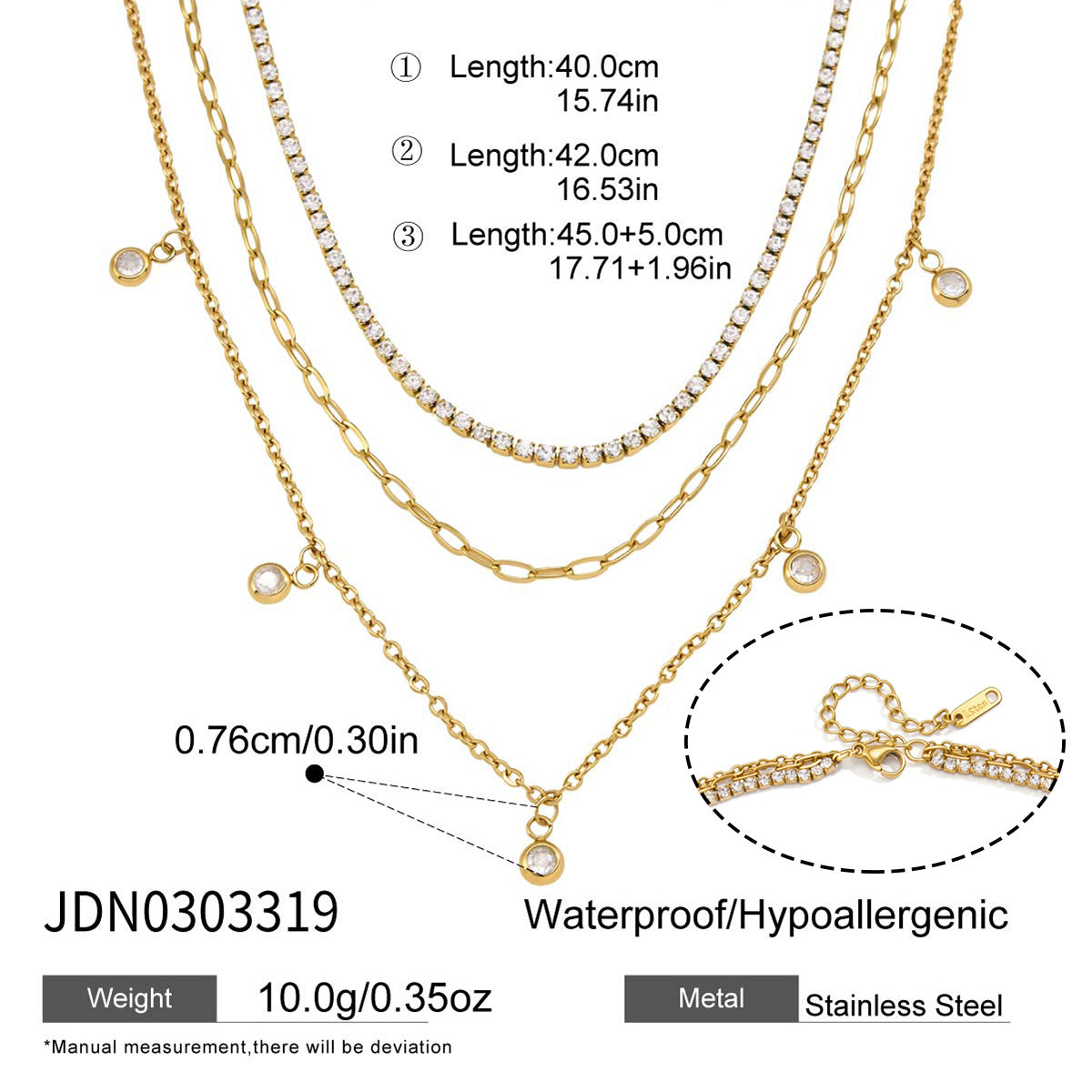 18K Gold Plated 3-Layered Necklace Set | Waterproof Stainless Steel Tennis & Paperclip Chain with Cubic Zirconia Charms