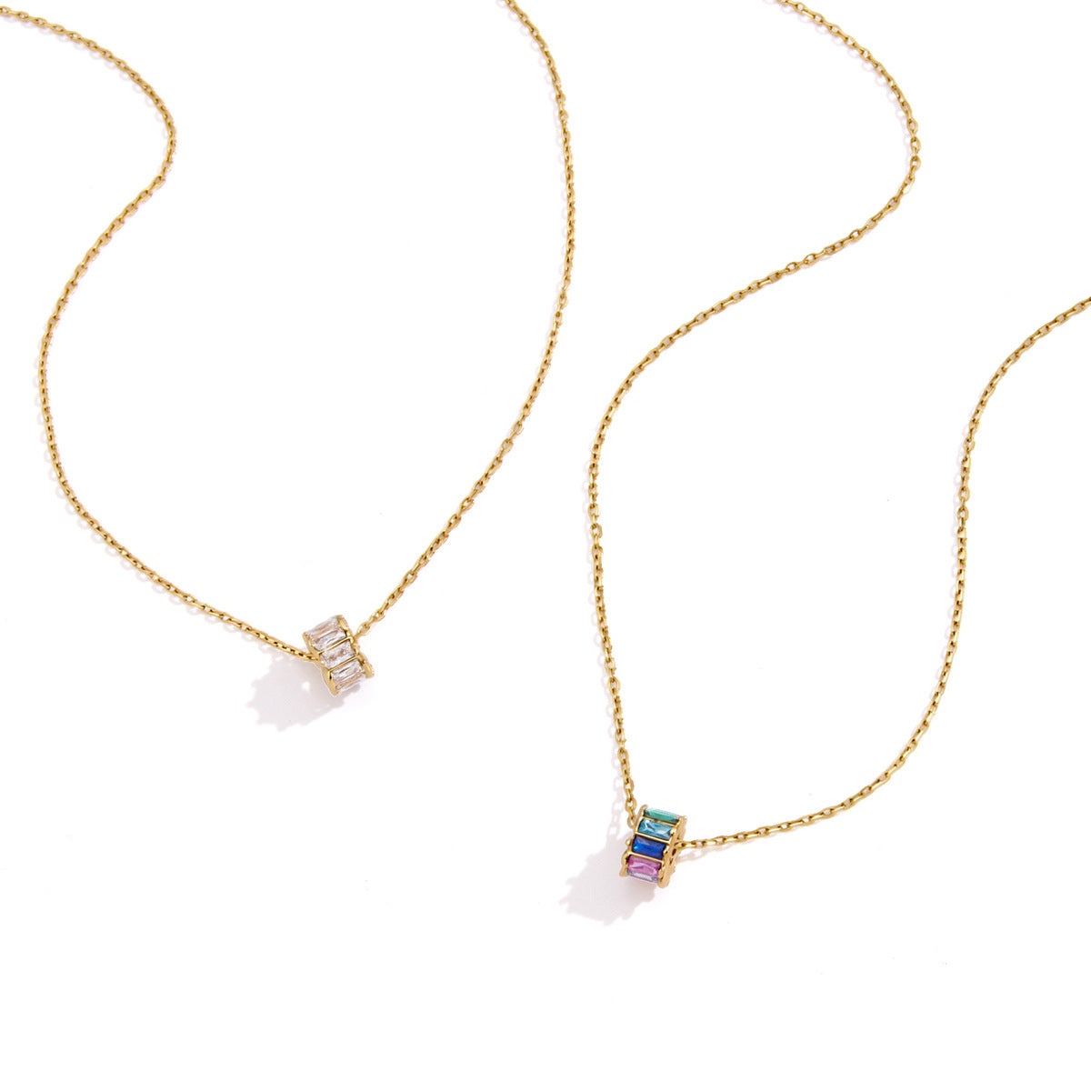 18K Gold Plated Baguette Zircon Barrel Layered Necklace Set • 2-Piece Waterproof Stainless Steel No-Fade Chain