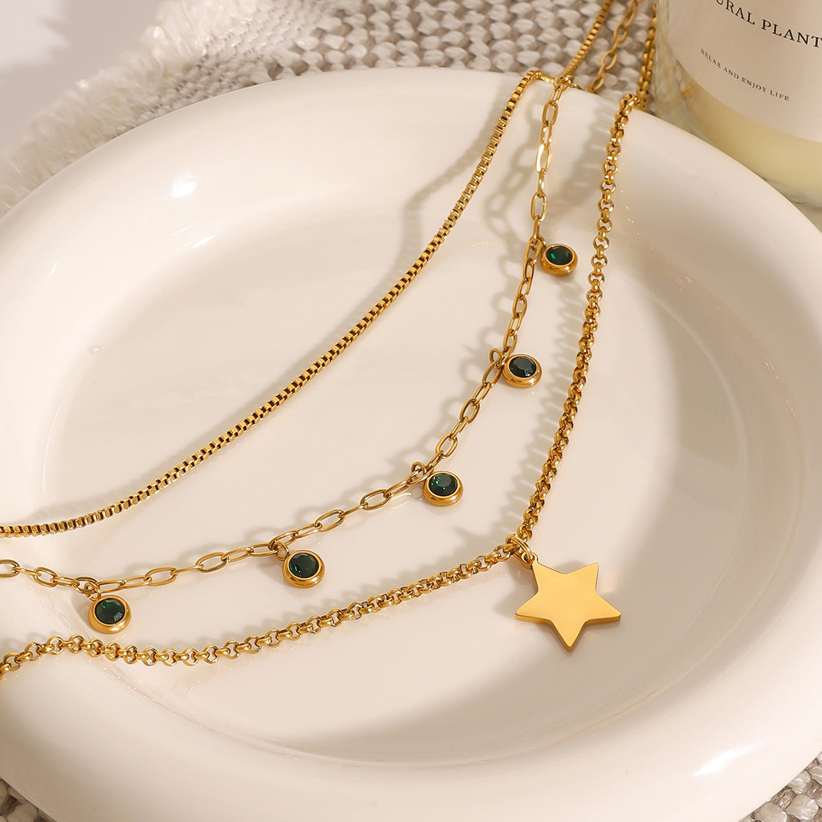 18K Gold Plated Asymmetric Emerald Necklace • Waterproof Stainless Steel Cable Chain & Green Zircon Teardrop Charm，Esme Half-Chain Green Zircon Choker