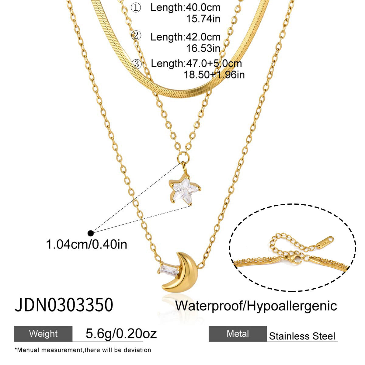 18K Gold Plated Star and Moon 3-Layered Necklace Set • Waterproof Stainless Steel Herringbone Snake & Crystal Chain