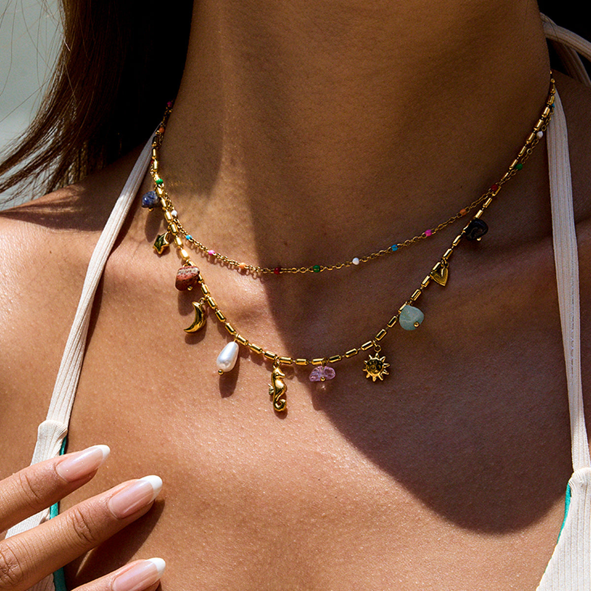 18K Gold Plated Seahorse Layered Necklace Set • Waterproof Stainless Steel Ocean Starfish Charm Pendant Jewelry,Marina Layered Necklace