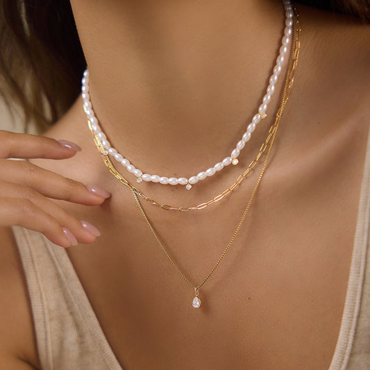 18K Gold Plated Asymmetric，Chloe Half-Chain Half-Pearl Necklace - Tarnish-Free Elegant Toggle Drop Choker