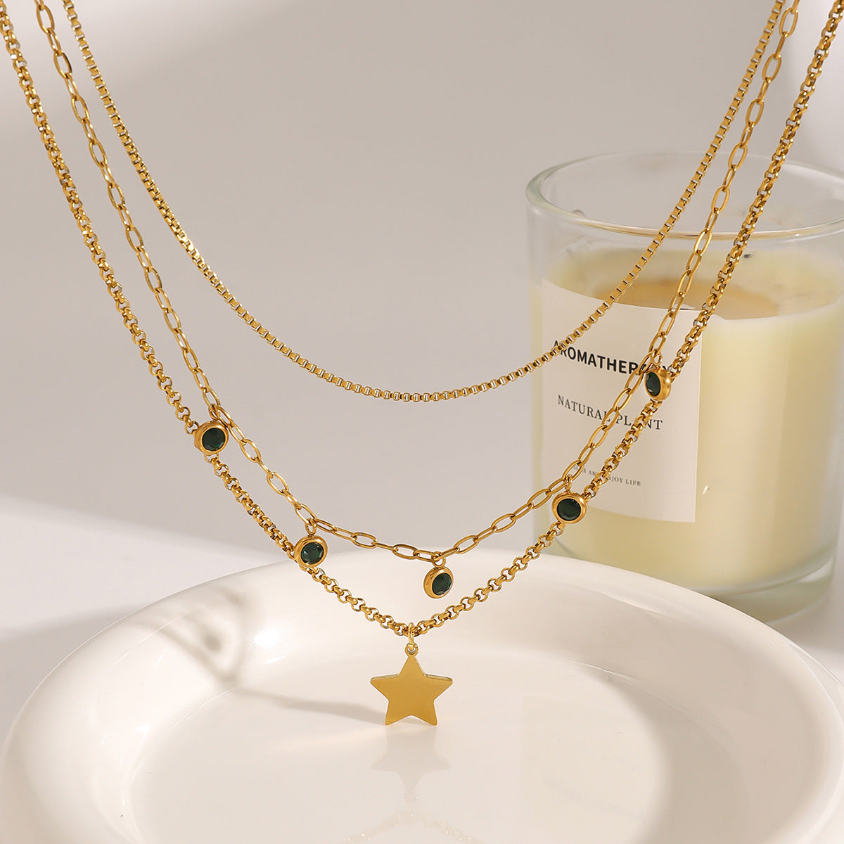 18K Gold Plated Asymmetric Emerald Necklace • Waterproof Stainless Steel Cable Chain & Green Zircon Teardrop Charm，Esme Half-Chain Green Zircon Choker