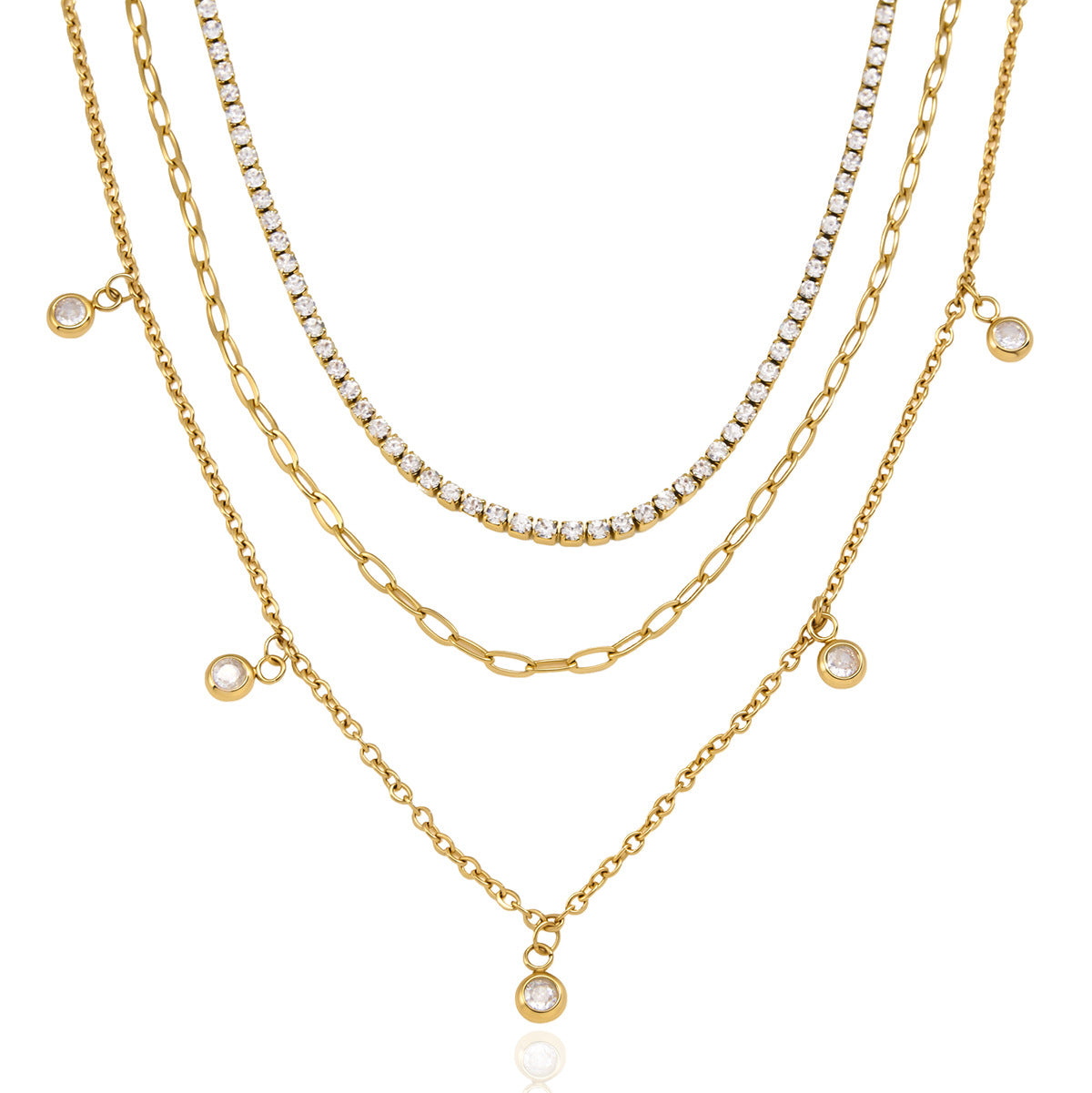 18K Gold Plated 3-Layered Necklace Set | Waterproof Stainless Steel Tennis & Paperclip Chain with Cubic Zirconia Charms