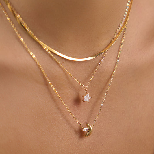18K Gold Plated Star and Moon 3-Layered Necklace Set • Waterproof Stainless Steel Herringbone Snake & Crystal Chain