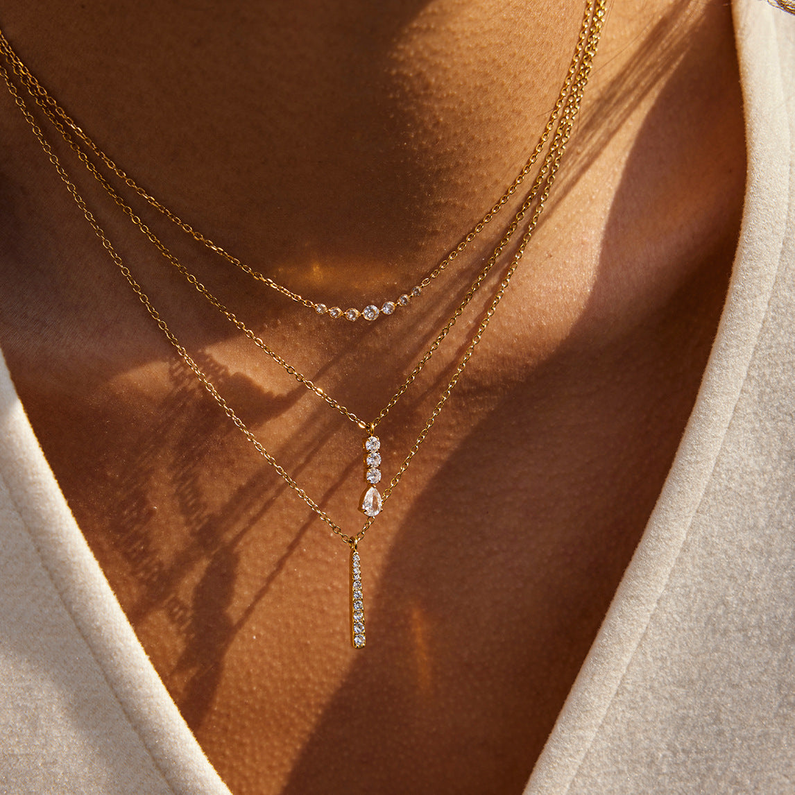 18K Gold Plated Titanium Steel Layered Necklace Set for Women - Tarnish Free Waterproof Cubic Zirconia Smile, Teardrop, & Vertical Bar Pendant Necklaces