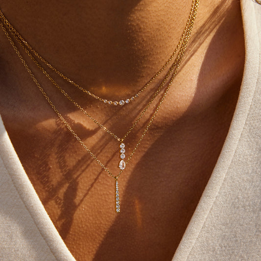 18K Gold Plated Titanium Steel Layered Necklace Set for Women - Tarnish Free Waterproof Cubic Zirconia Smile, Teardrop, & Vertical Bar Pendant Necklaces