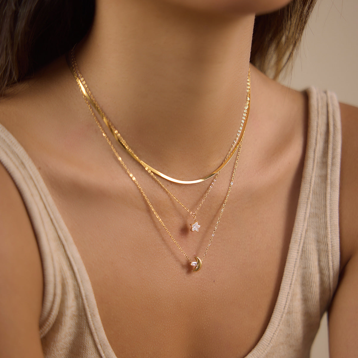 18K Gold Plated Star and Moon 3-Layered Necklace Set • Waterproof Stainless Steel Herringbone Snake & Crystal Chain