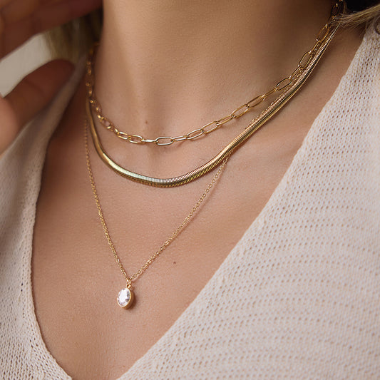 18K Gold Plated 3-Layered Necklace Set • Waterproof Stainless Steel Snake, Paperclip & Baguette Zircon Square Pendant Chain Verona Multi-Layer Necklace