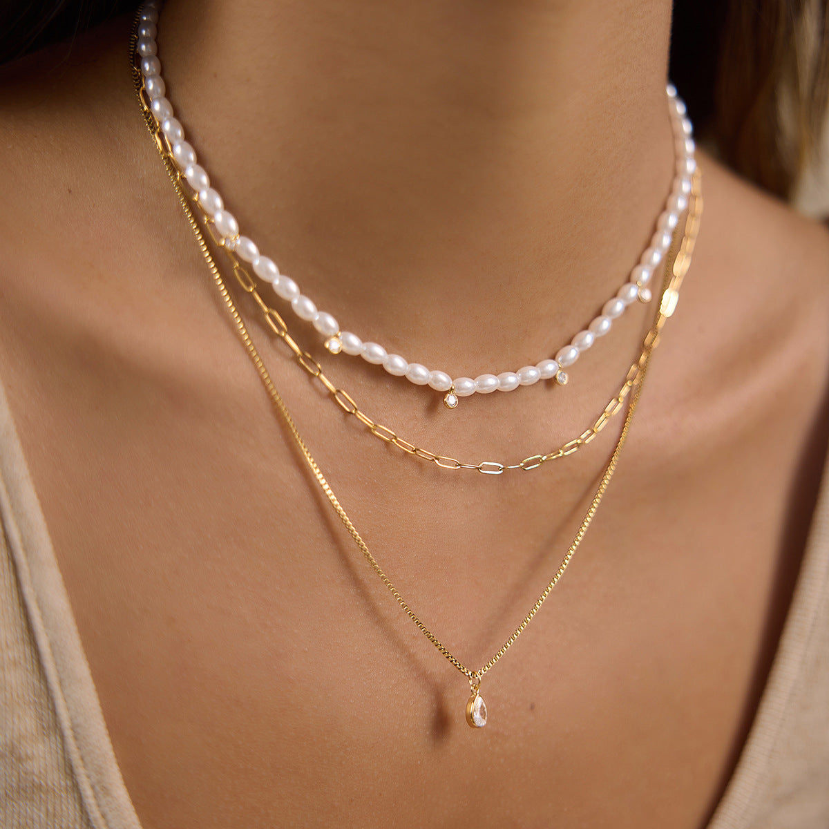 18K Gold Plated Asymmetric，Chloe Half-Chain Half-Pearl Necklace - Tarnish-Free Elegant Toggle Drop Choker