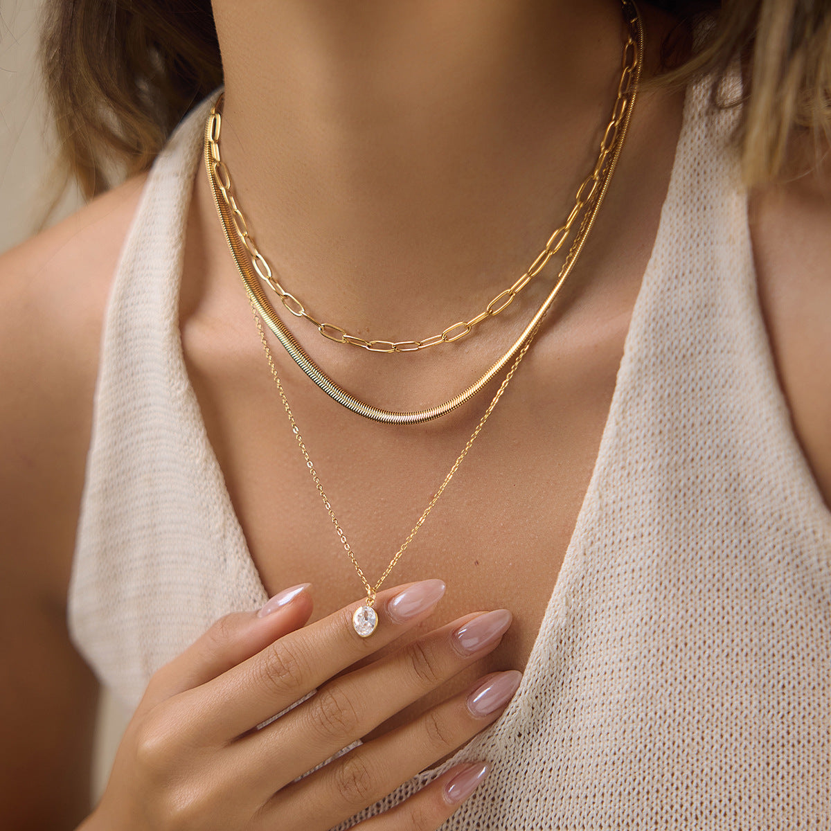18K Gold Plated 3-Layered Necklace Set • Waterproof Stainless Steel Snake, Paperclip & Baguette Zircon Square Pendant Chain Verona Multi-Layer Necklace