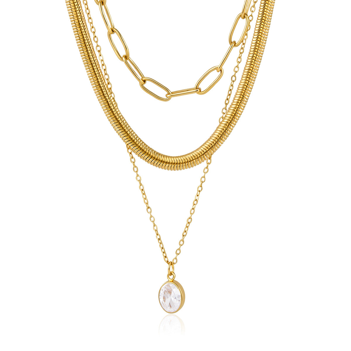 18K Gold Plated 3-Layered Necklace Set • Waterproof Stainless Steel Snake, Paperclip & Baguette Zircon Square Pendant Chain Verona Multi-Layer Necklace