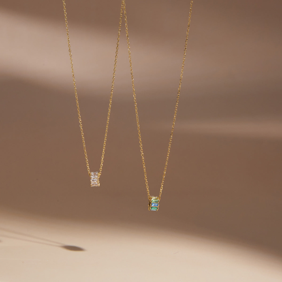 18K Gold Plated Baguette Zircon Barrel Layered Necklace Set • 2-Piece Waterproof Stainless Steel No-Fade Chain