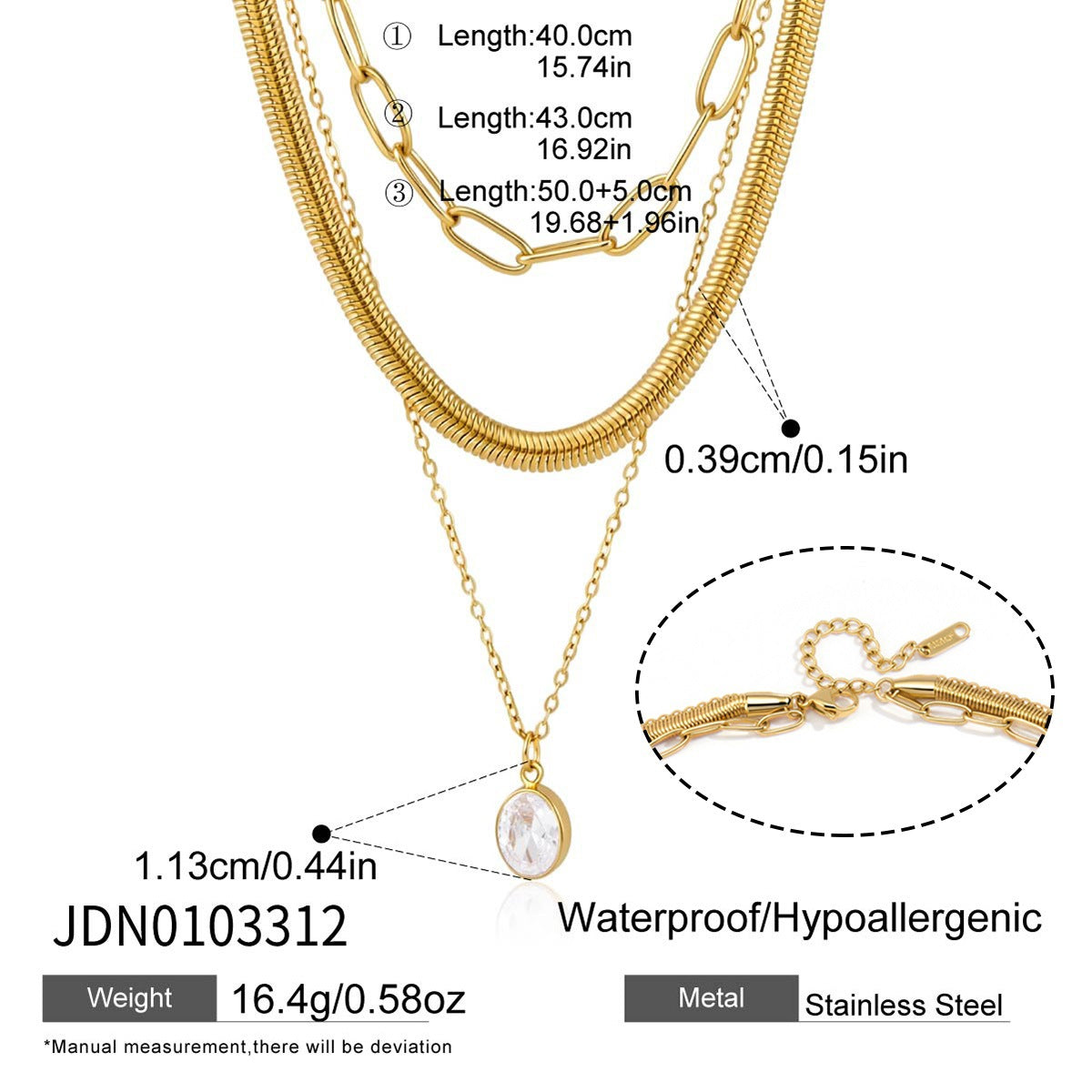 18K Gold Plated 3-Layered Necklace Set • Waterproof Stainless Steel Snake, Paperclip & Baguette Zircon Square Pendant Chain Verona Multi-Layer Necklace