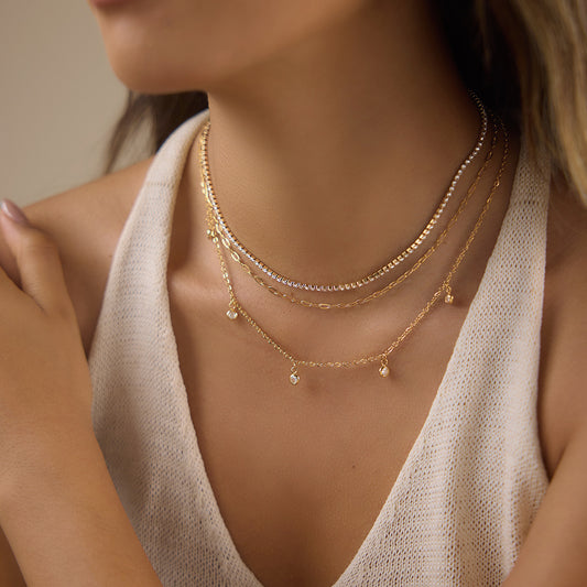 18K Gold Plated 3-Layered Necklace Set | Waterproof Stainless Steel Tennis & Paperclip Chain with Cubic Zirconia Charms