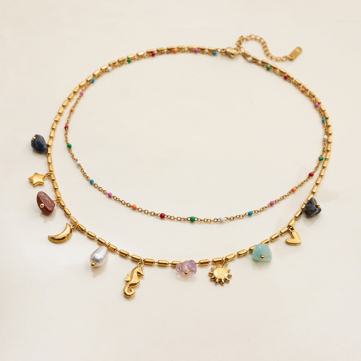 18K Gold Plated Seahorse Layered Necklace Set • Waterproof Stainless Steel Ocean Starfish Charm Pendant Jewelry,Marina Layered Necklace