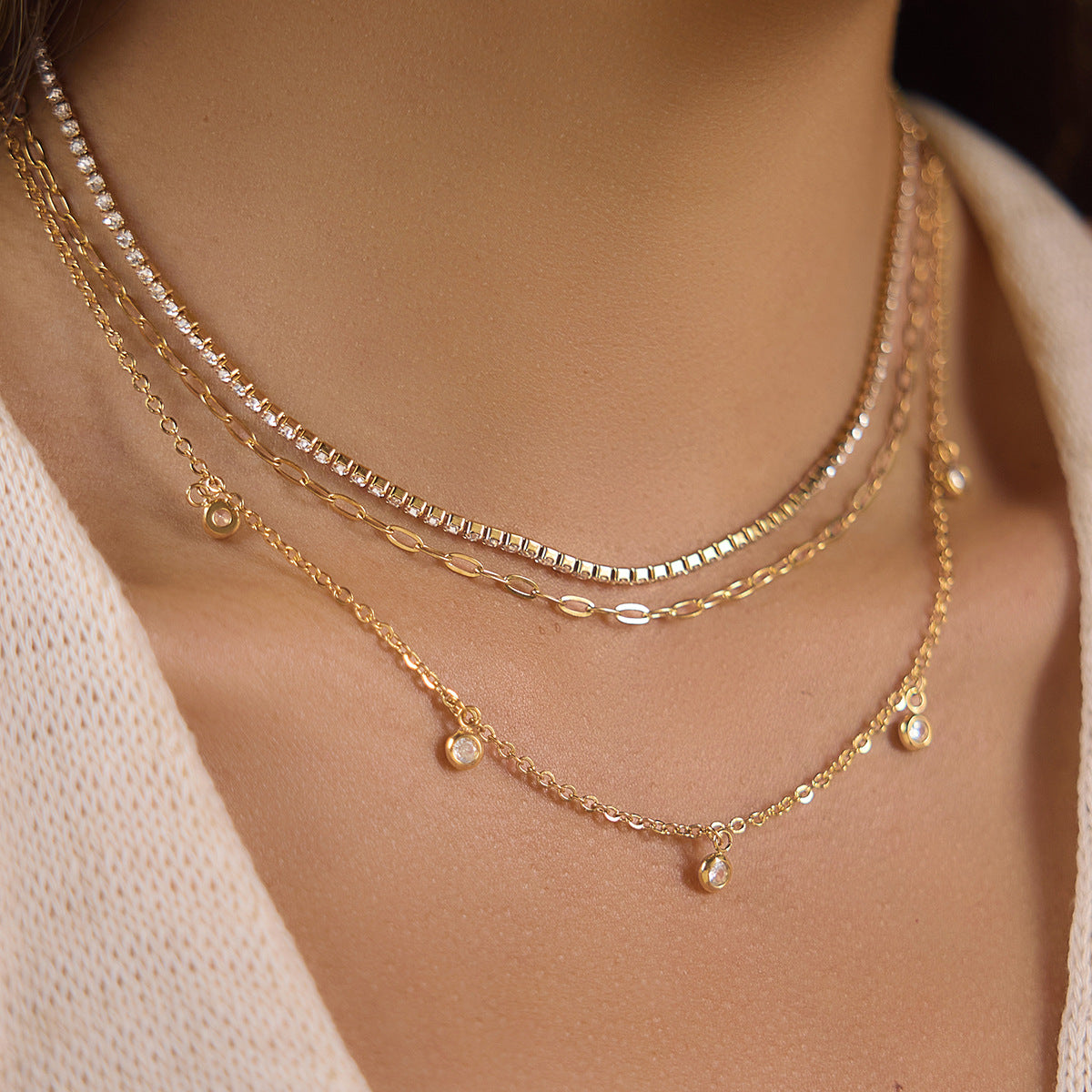 18K Gold Plated 3-Layered Necklace Set | Waterproof Stainless Steel Tennis & Paperclip Chain with Cubic Zirconia Charms