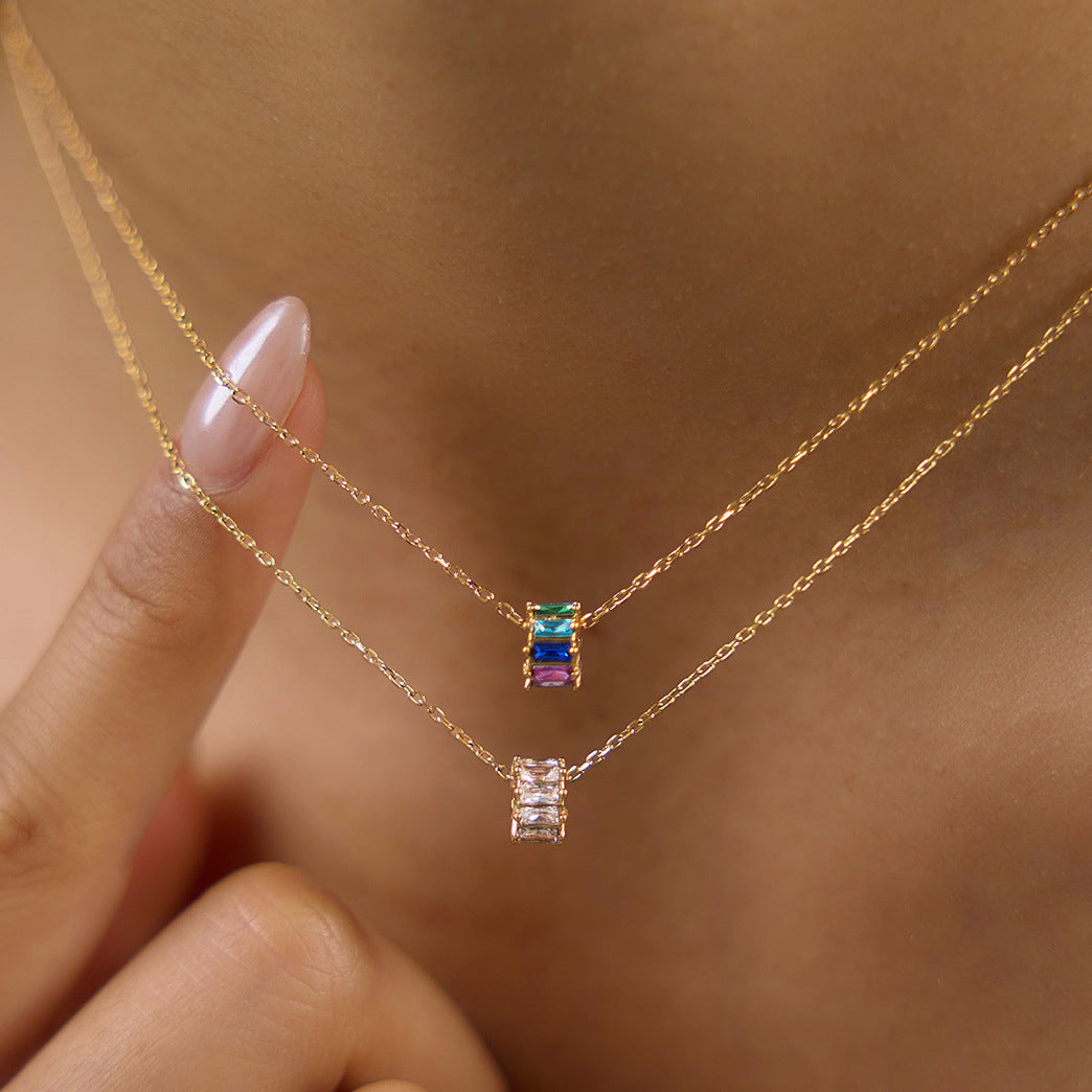 18K Gold Plated Baguette Zircon Barrel Layered Necklace Set • 2-Piece Waterproof Stainless Steel No-Fade Chain