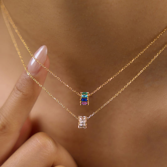 18K Gold Plated Baguette Zircon Barrel Layered Necklace Set • 2-Piece Waterproof Stainless Steel No-Fade Chain
