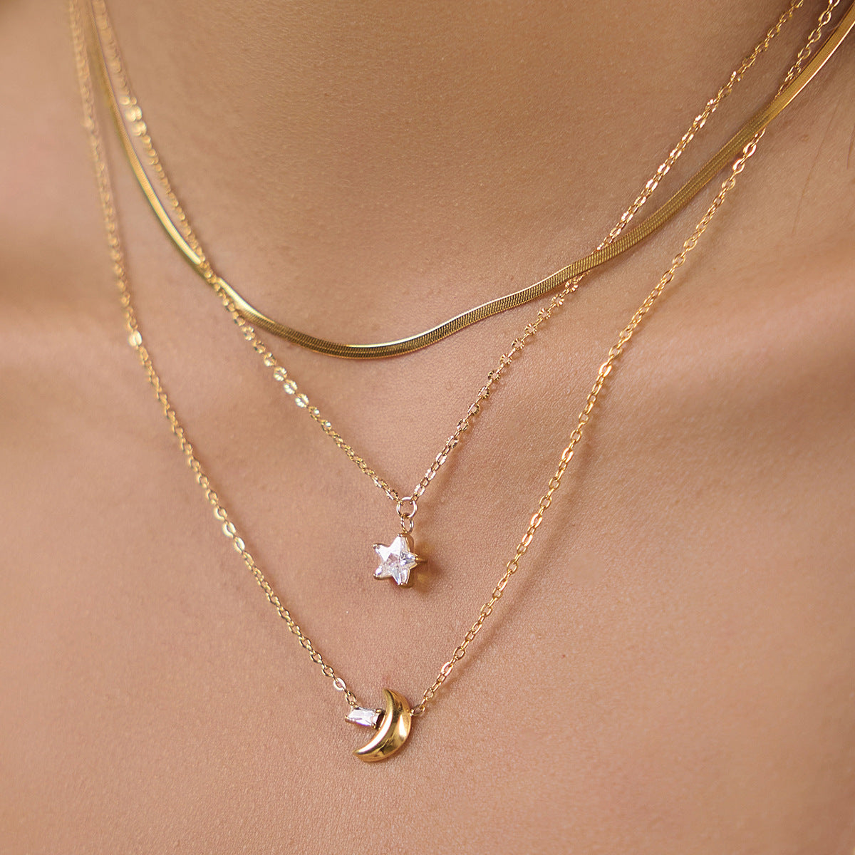 18K Gold Plated Star and Moon 3-Layered Necklace Set • Waterproof Stainless Steel Herringbone Snake & Crystal Chain