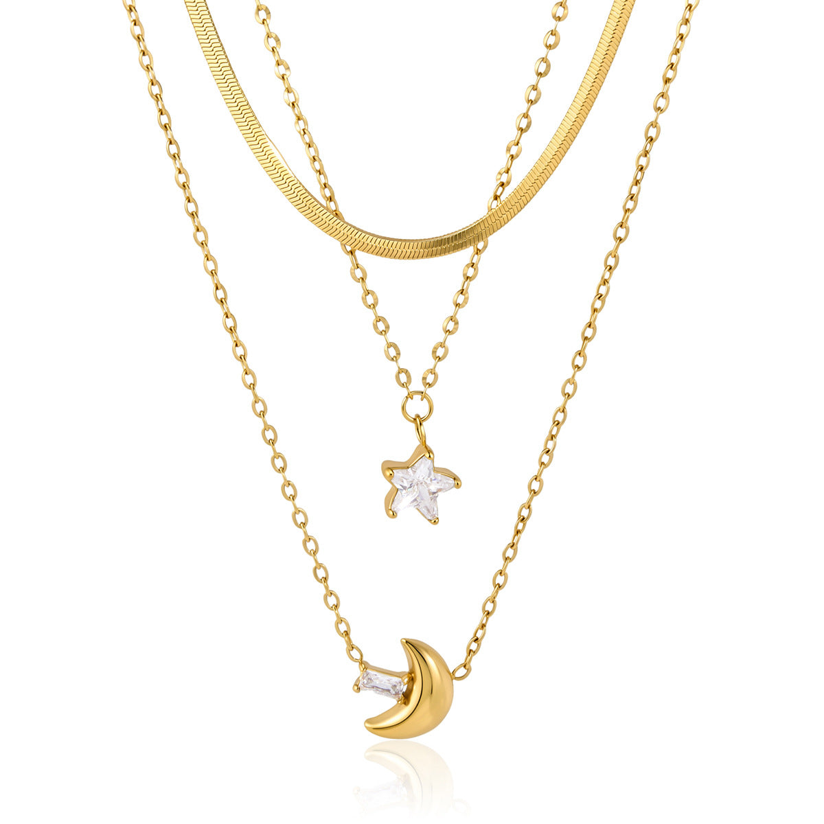 18K Gold Plated Star and Moon 3-Layered Necklace Set • Waterproof Stainless Steel Herringbone Snake & Crystal Chain